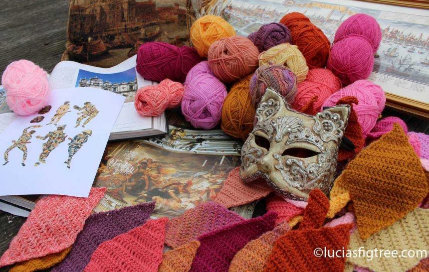 July’s blanket: A white rabbit, Venice,brocade and Arlecchino…..
